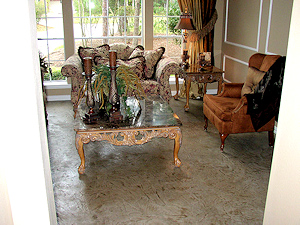 Embossed polymer concrete overlay in an elegant room living room